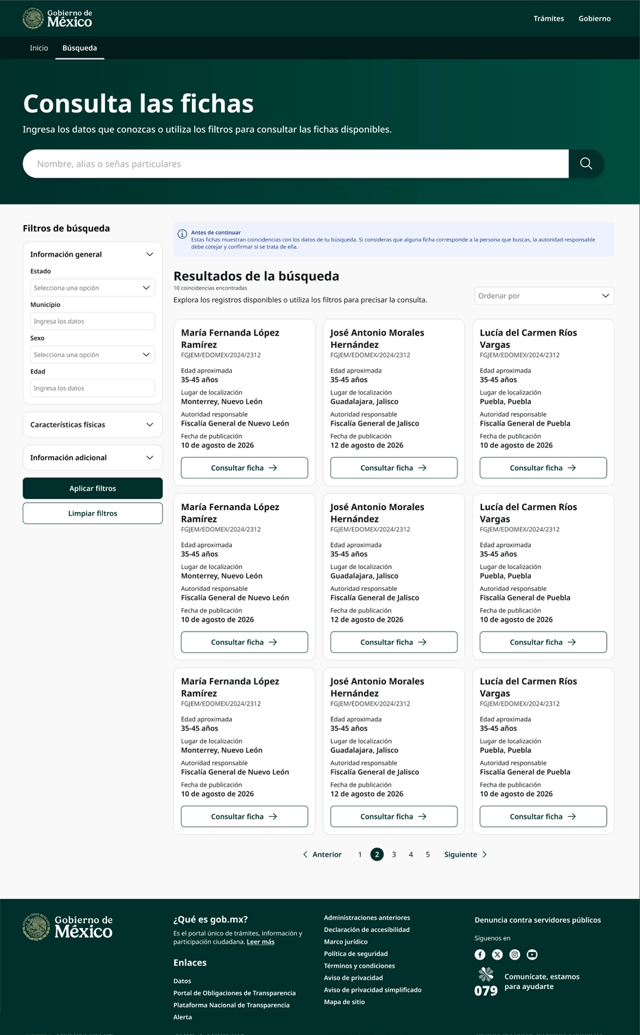 Catalogo e filtri di Conecta Identidad